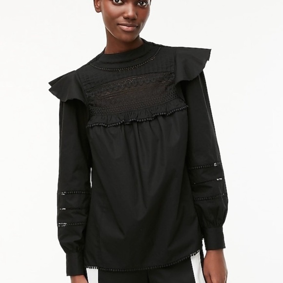 J. Crew Black Cotton Balloon Ruffle Sleeve Lace Yoke - Picture 3 of 3
